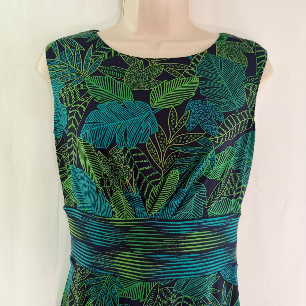 London Times Tropical Leaf Print Sleeveless Fit and Flare Dress Green Teal US 4